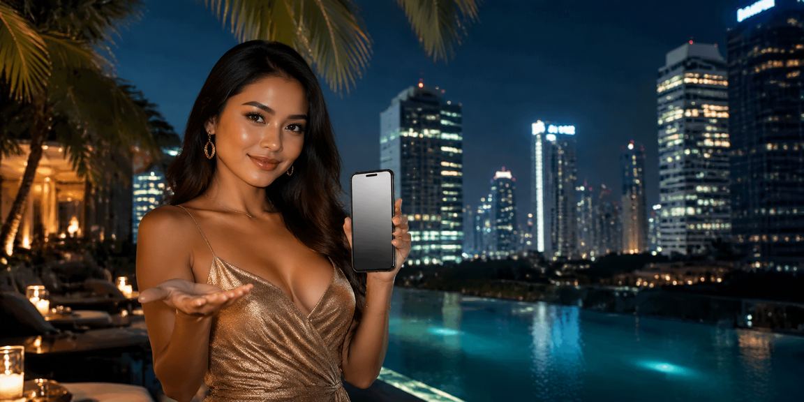 Model wanita VIP memegang kartu bonus eksklusif di lounge kasino mewah