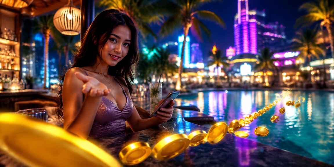 Antarmuka kasino dengan efek neon biru dan merah di layar ponsel malam hari