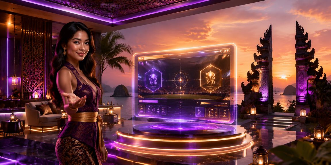 Arena esports malam hari dengan cahaya neon biru merah dan layar turnamen besar