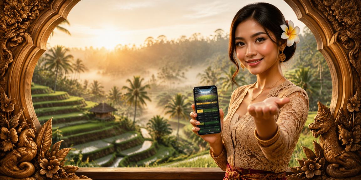 Model wanita mengamati layar taruhan olahraga dengan antusias di hadapan papan skor